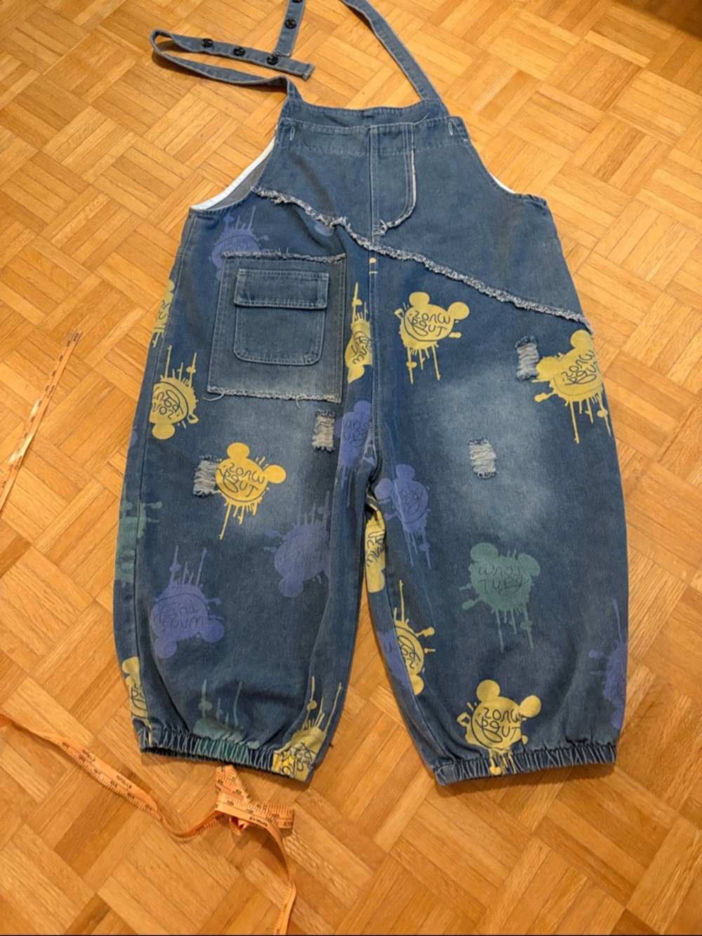 Denim Overalls with Yellow & Blue Print